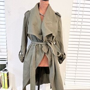BCBG Sage Green Draped Trench Coat Belted